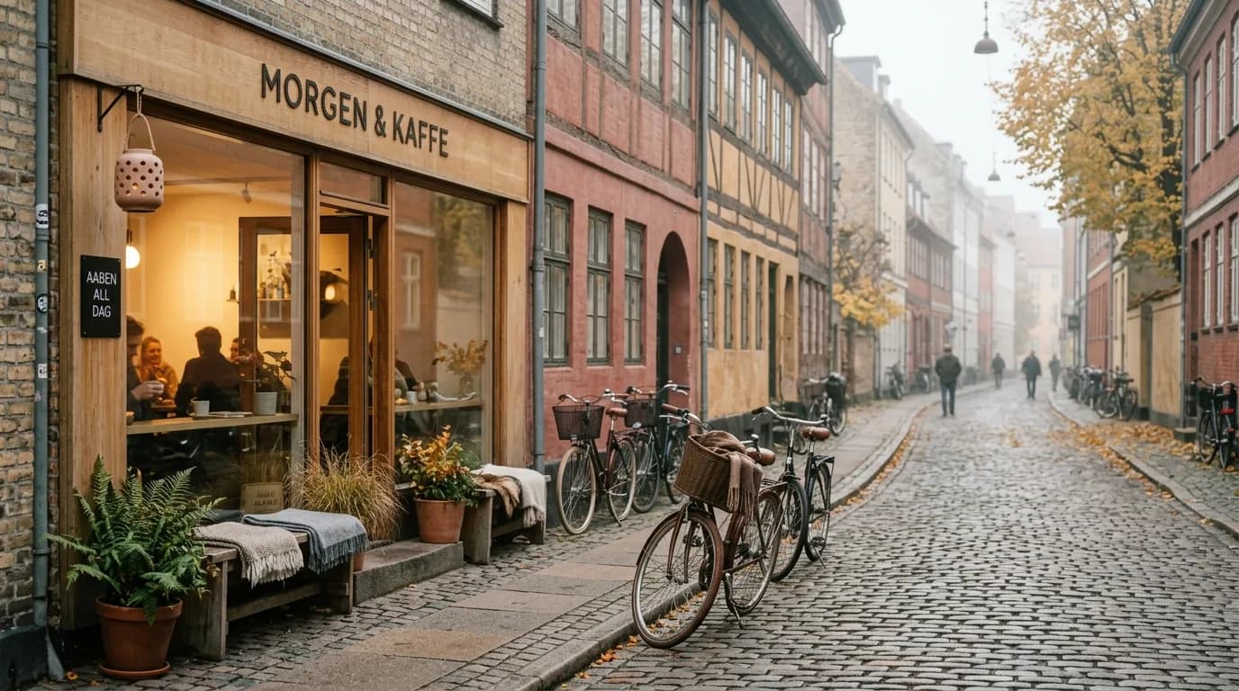 Stemningsfuld morgenscene fra et klassisk dansk bykvarter med cykler og en lokal kaffebar