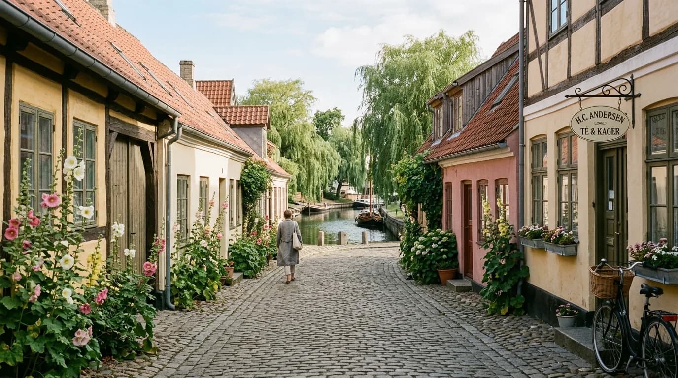 Rolige brostensbelagte gader og vandløb i det historiske H.C. Andersen-kvarter i Odense
