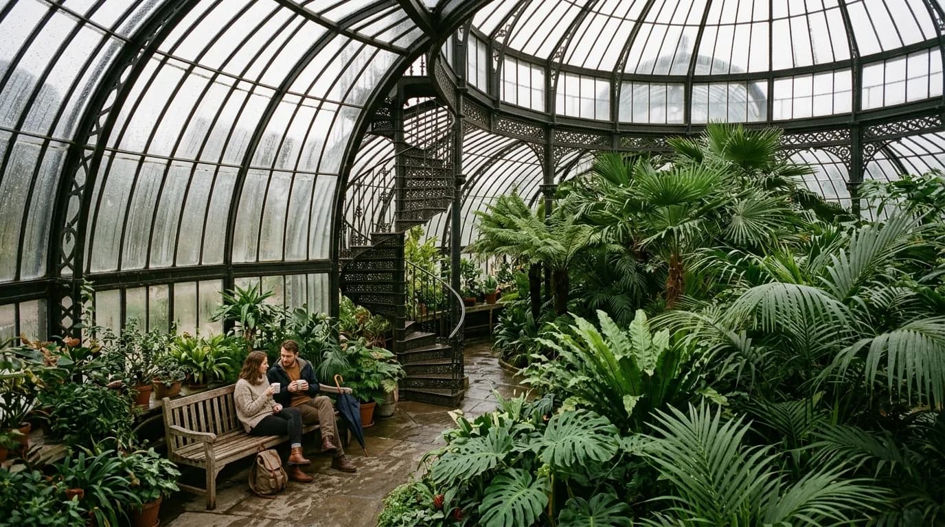 Palmehuset i Botanisk Have med regndråber på kuppelglasset og frodige indendørs planter
