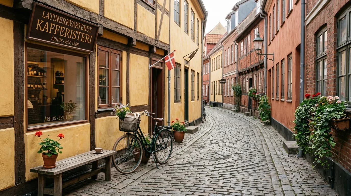 Det historiske Latinerkvarter i Aarhus med bindingsværk og kaffebar