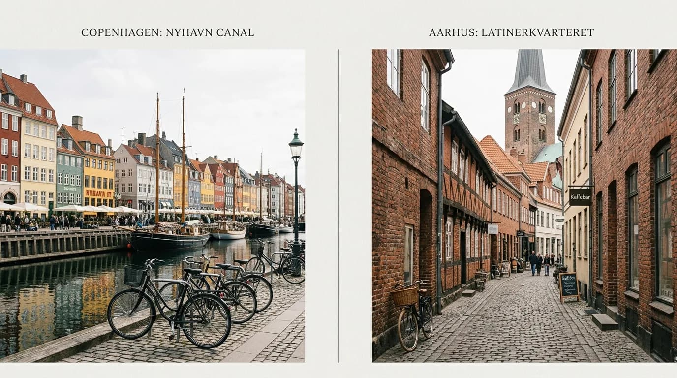 Arkitektonisk sammenstilling af Københavns Nyhavn-kanal og Aarhus' Latinerkvarter