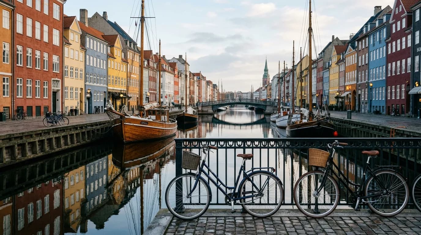 Klassiske farverige byhuse og cykler langs kanalen i København