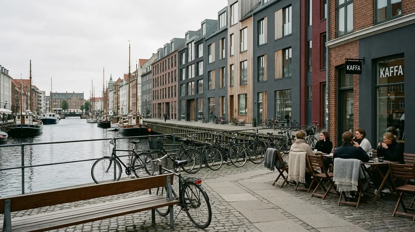 Moderne dansk bykultur med cykler og rolig cafédeling langs kanalen