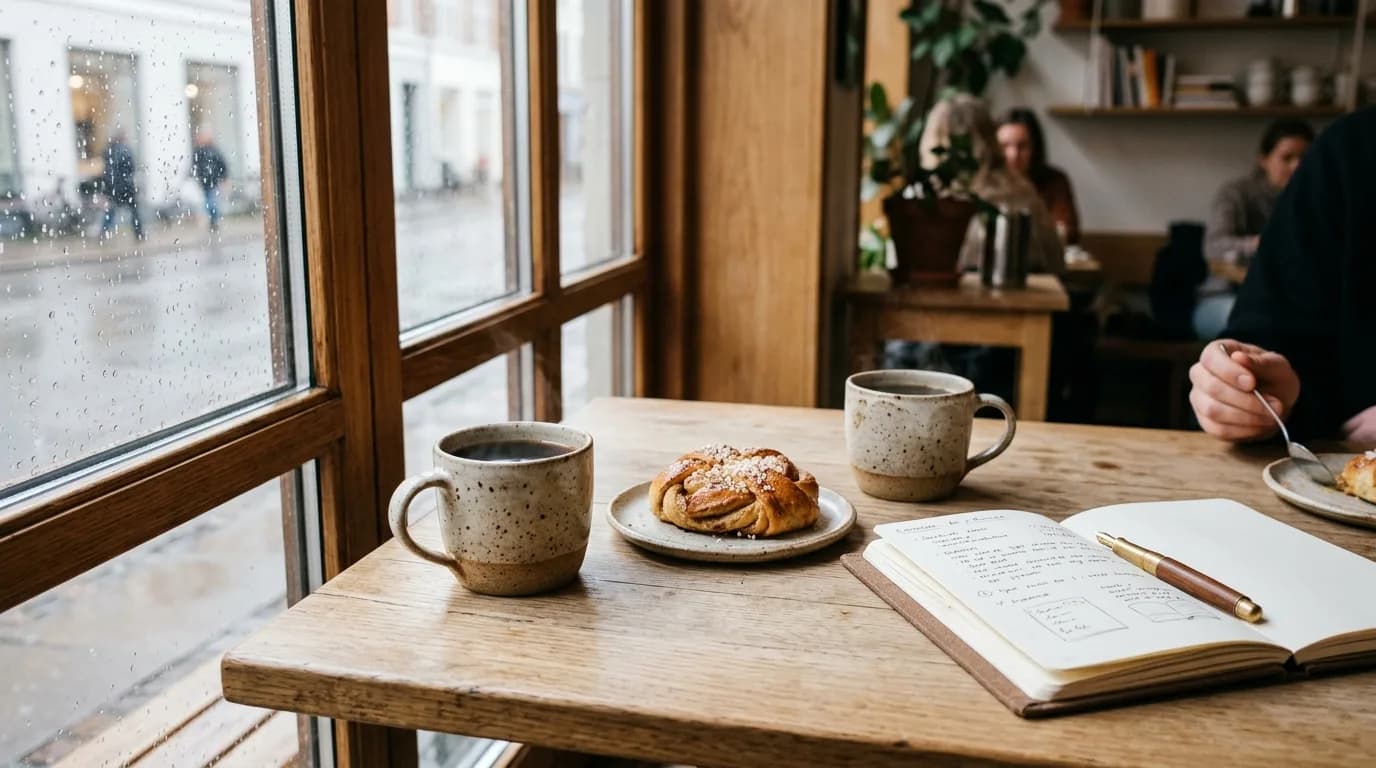To kopper sort filterkaffe og en kanelsnegl på et lyst egetræsbord ved et regnvådt cafévindue